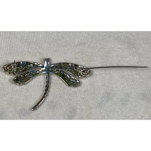 Vintage Dragonfly Pin Brooch Silvertone Light Blue Clear Rhinestone Green Enamel - Picture 8 of 10